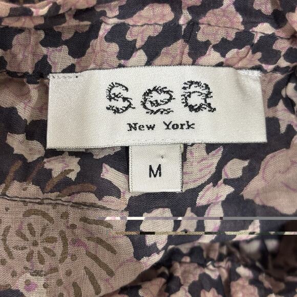 Sea New York Size M L Floral Ruffle Neck 100% Cotton Short Sleeve Blouse Top - Picture 3 of 7